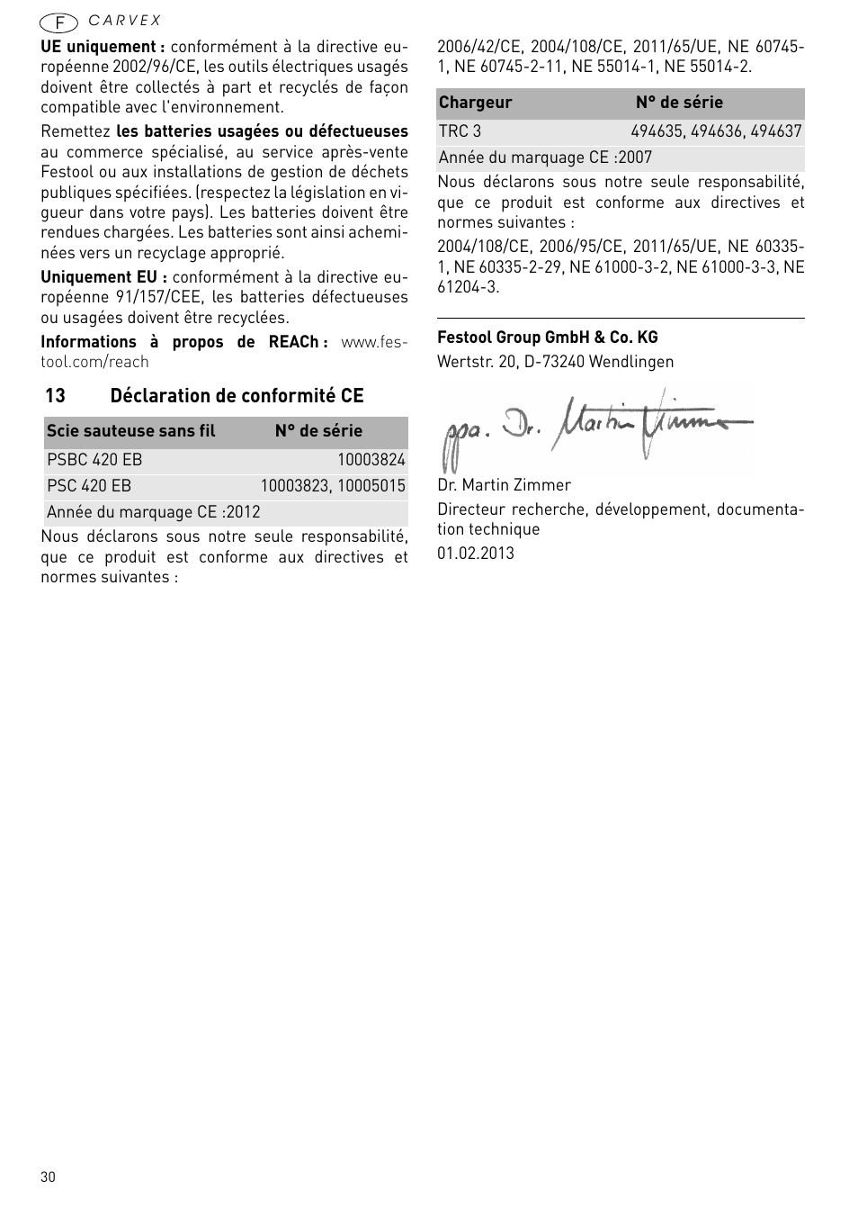 13 déclaration de conformité ce | Festool PSBC 420 EB User Manual | Page 30 / 132