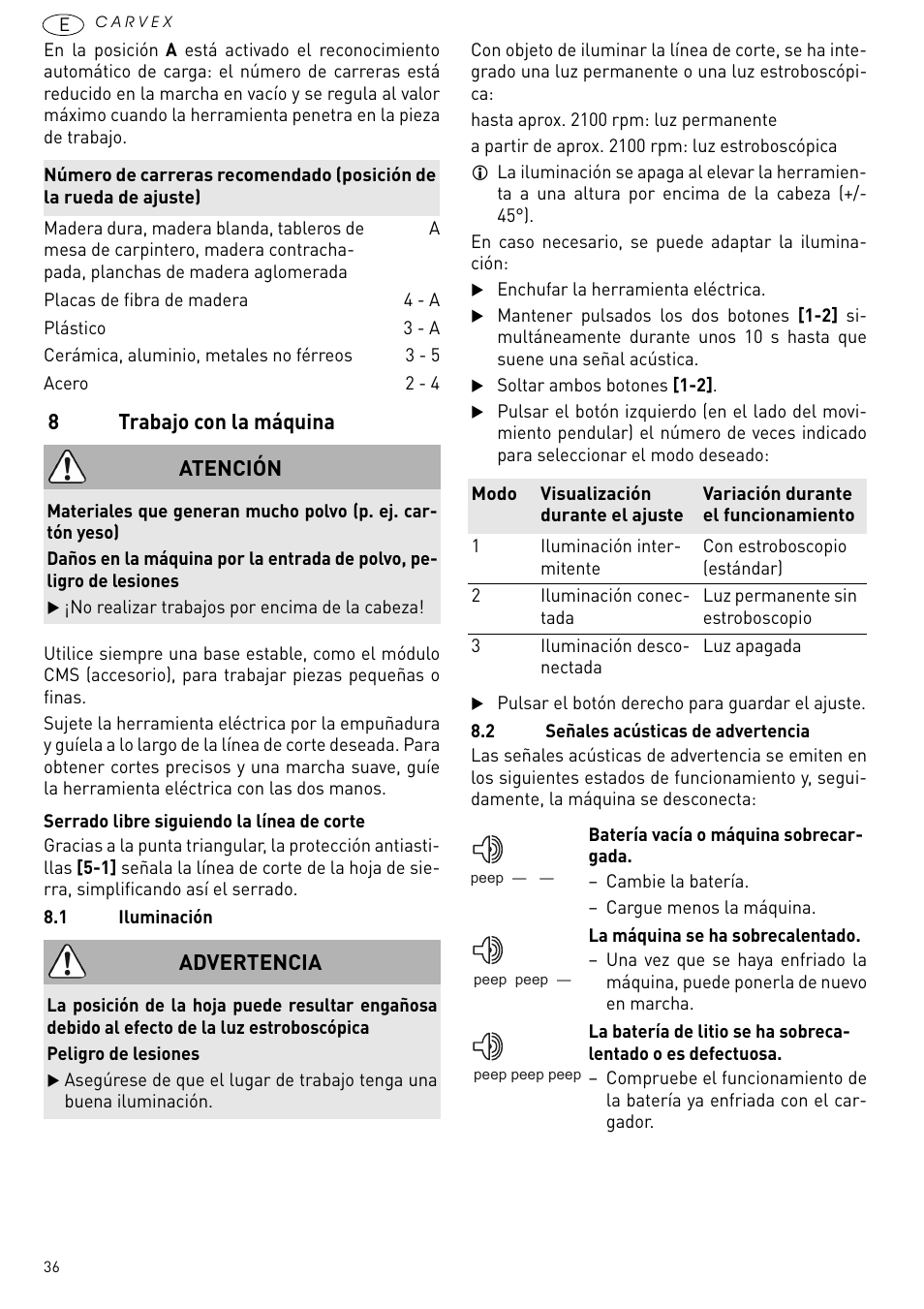 Trabajo con la máquina, 8trabajo con la máquina, Atención | Advertencia | Festool PSBC 420 EB User Manual | Page 36 / 132