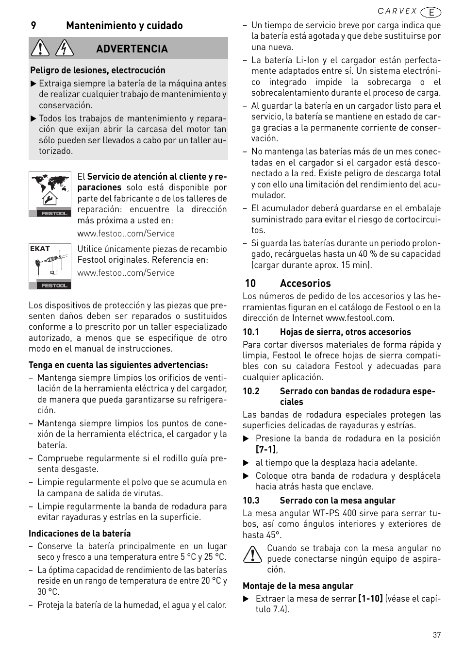 Mantenimiento y cuidado, 10 accesorios, 9mantenimiento y cuidado | Advertencia | Festool PSBC 420 EB User Manual | Page 37 / 132