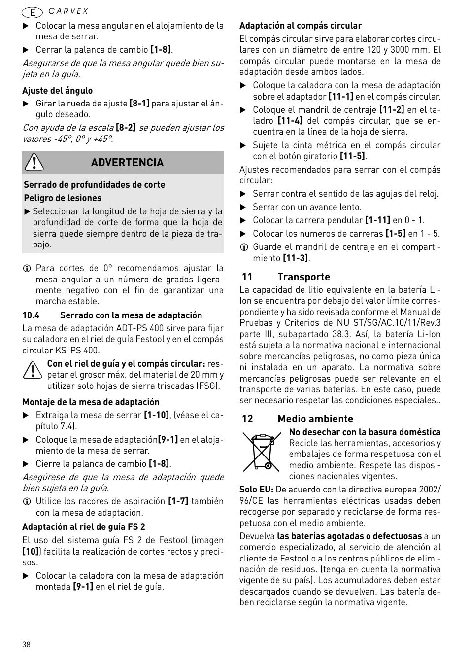 11 transporte, 12 medio ambiente, Advertencia | Festool PSBC 420 EB User Manual | Page 38 / 132