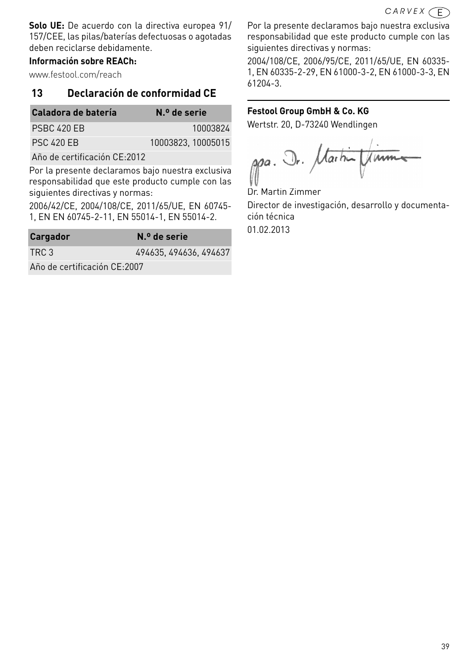 13 declaración de conformidad ce | Festool PSBC 420 EB User Manual | Page 39 / 132