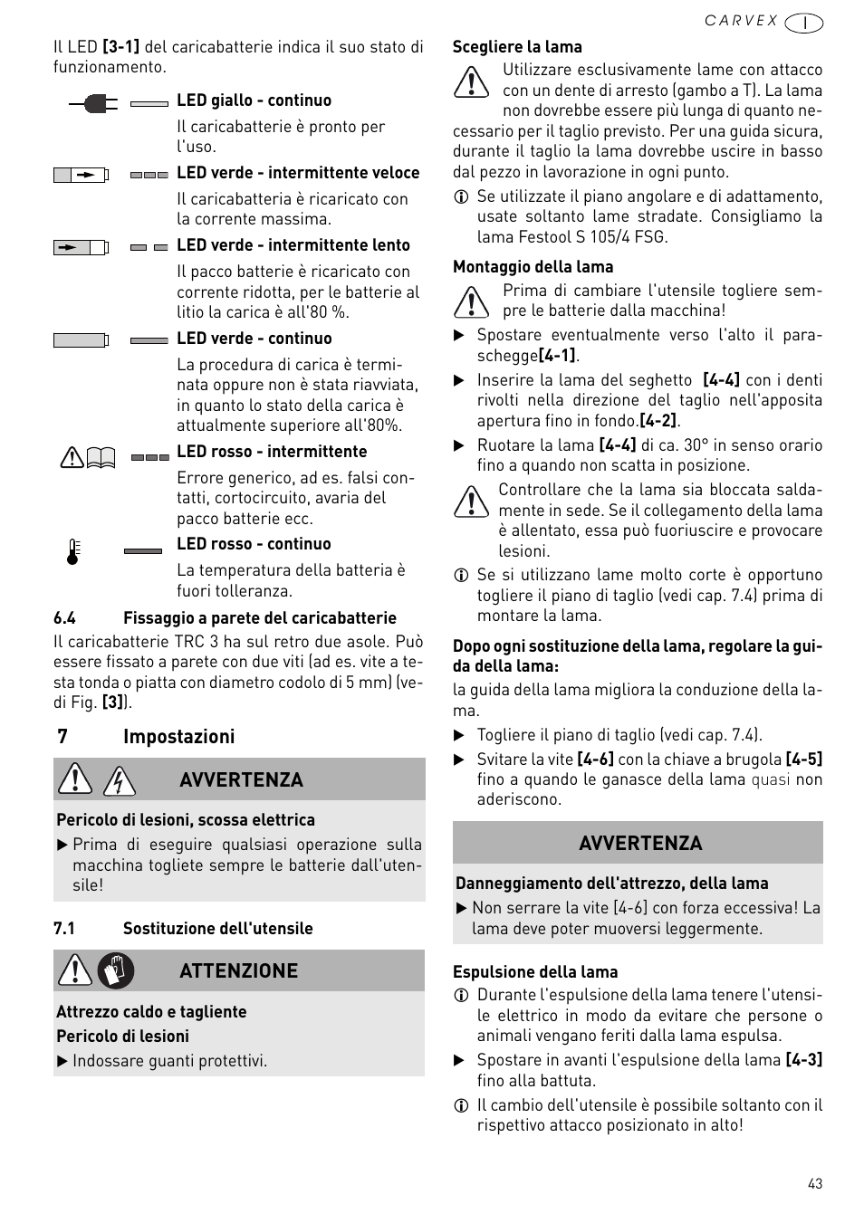 Impostazioni, 7impostazioni, Avvertenza | Attenzione | Festool PSBC 420 EB User Manual | Page 43 / 132