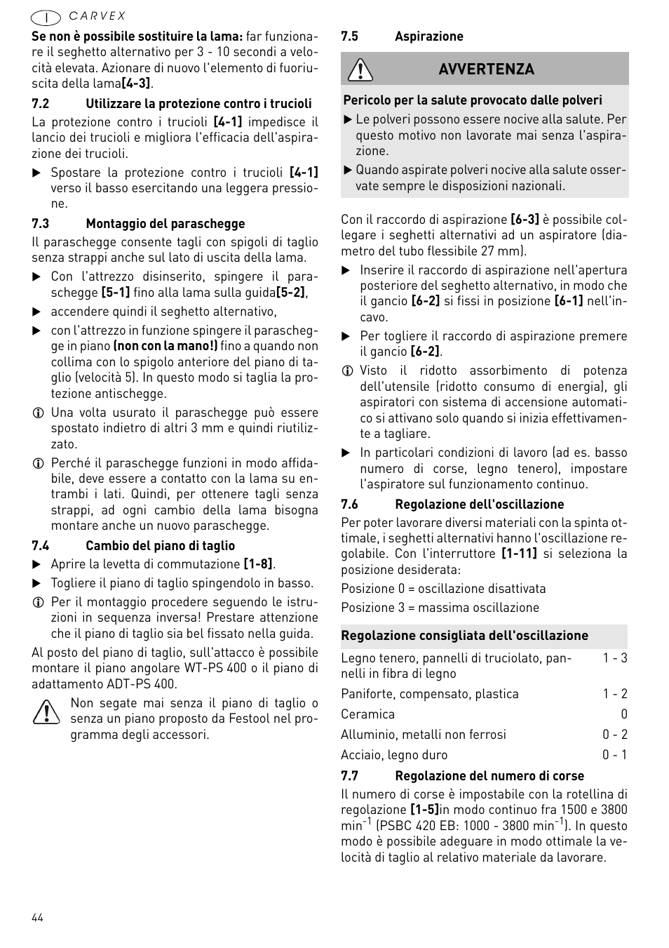 Avvertenza | Festool PSBC 420 EB User Manual | Page 44 / 132