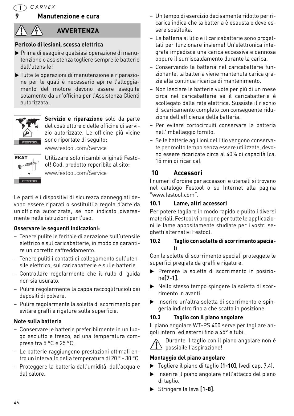 Manutenzione e cura, 10 accessori, 9manutenzione e cura | Avvertenza | Festool PSBC 420 EB User Manual | Page 46 / 132