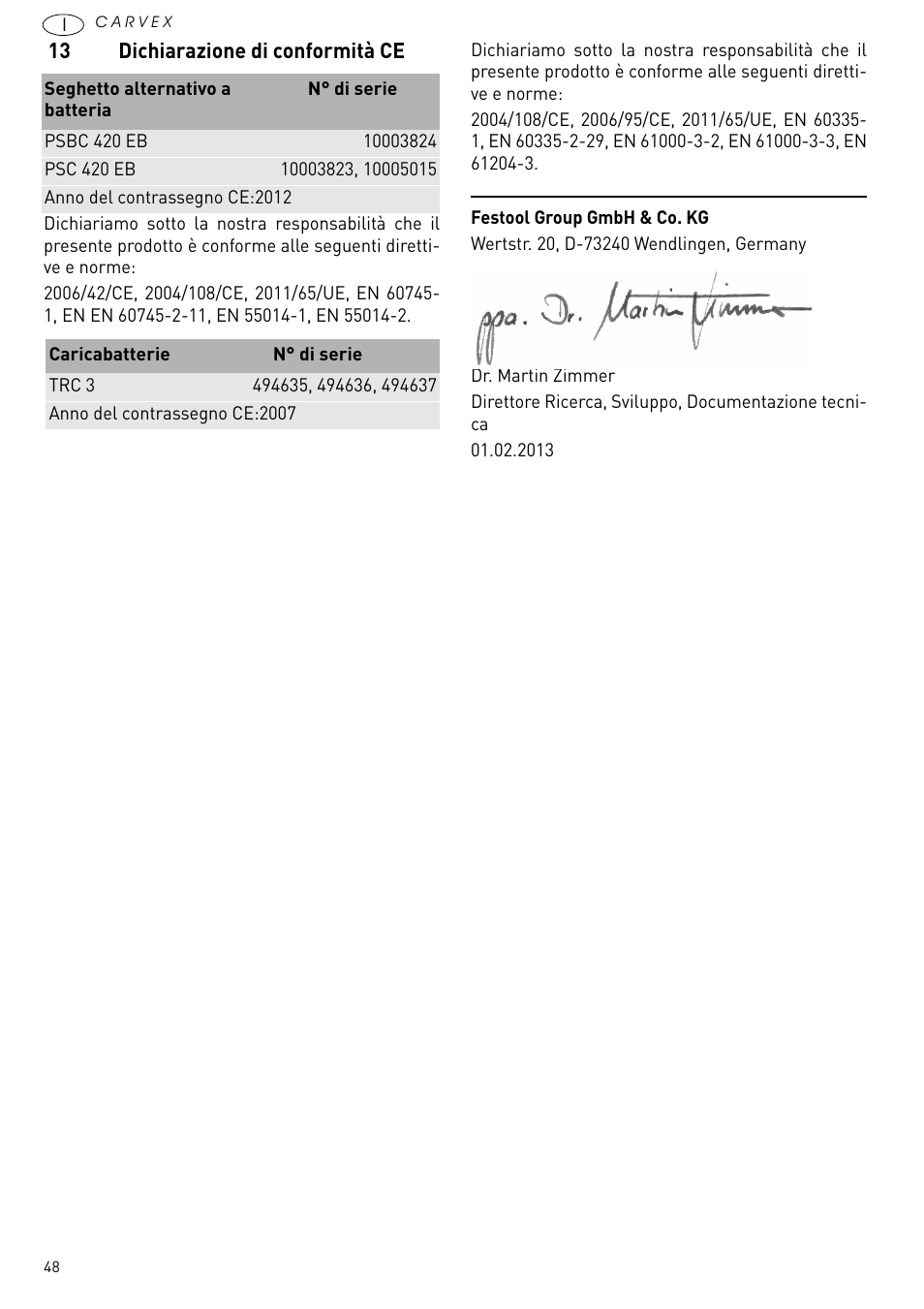 13 dichiarazione di conformità ce | Festool PSBC 420 EB User Manual | Page 48 / 132