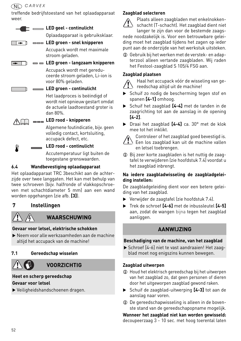 Instellingen, 7instellingen, Waarschuwing | Voorzichtig, Aanwijzing | Festool PSBC 420 EB User Manual | Page 52 / 132