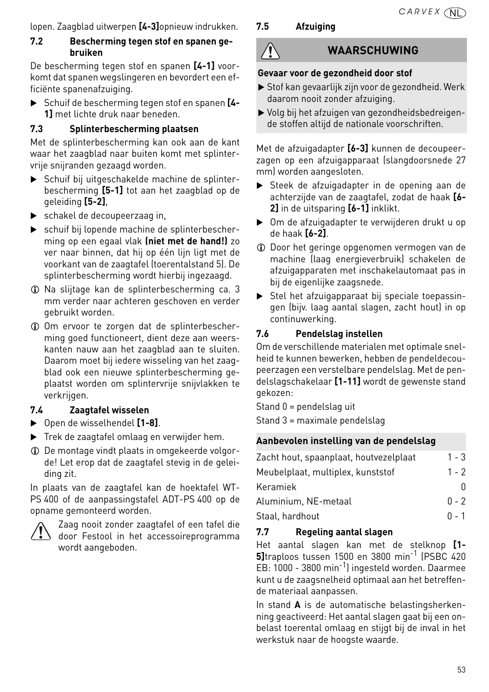 Waarschuwing | Festool PSBC 420 EB User Manual | Page 53 / 132