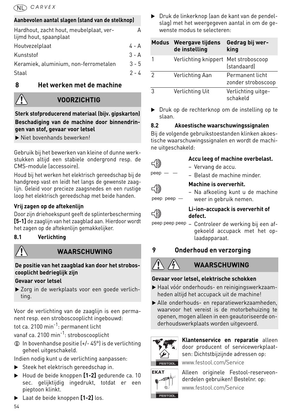 Het werken met de machine, Onderhoud en verzorging, 8het werken met de machine | 9onderhoud en verzorging, Voorzichtig, Waarschuwing | Festool PSBC 420 EB User Manual | Page 54 / 132