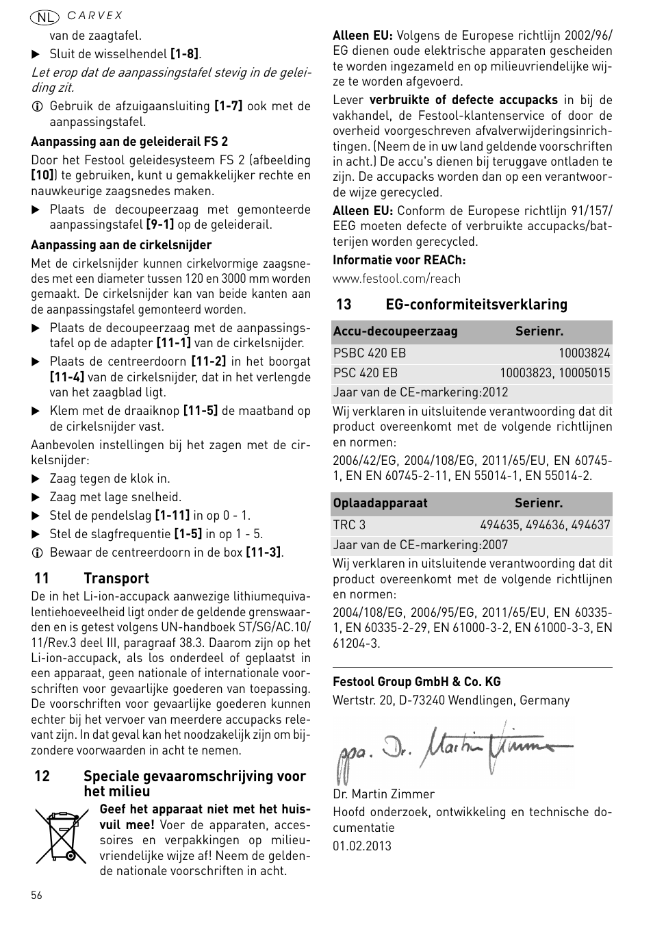 11 transport, 12 speciale gevaaromschrijving voor het milieu 56, 13 eg-conformiteitsverklaring | Festool PSBC 420 EB User Manual | Page 56 / 132