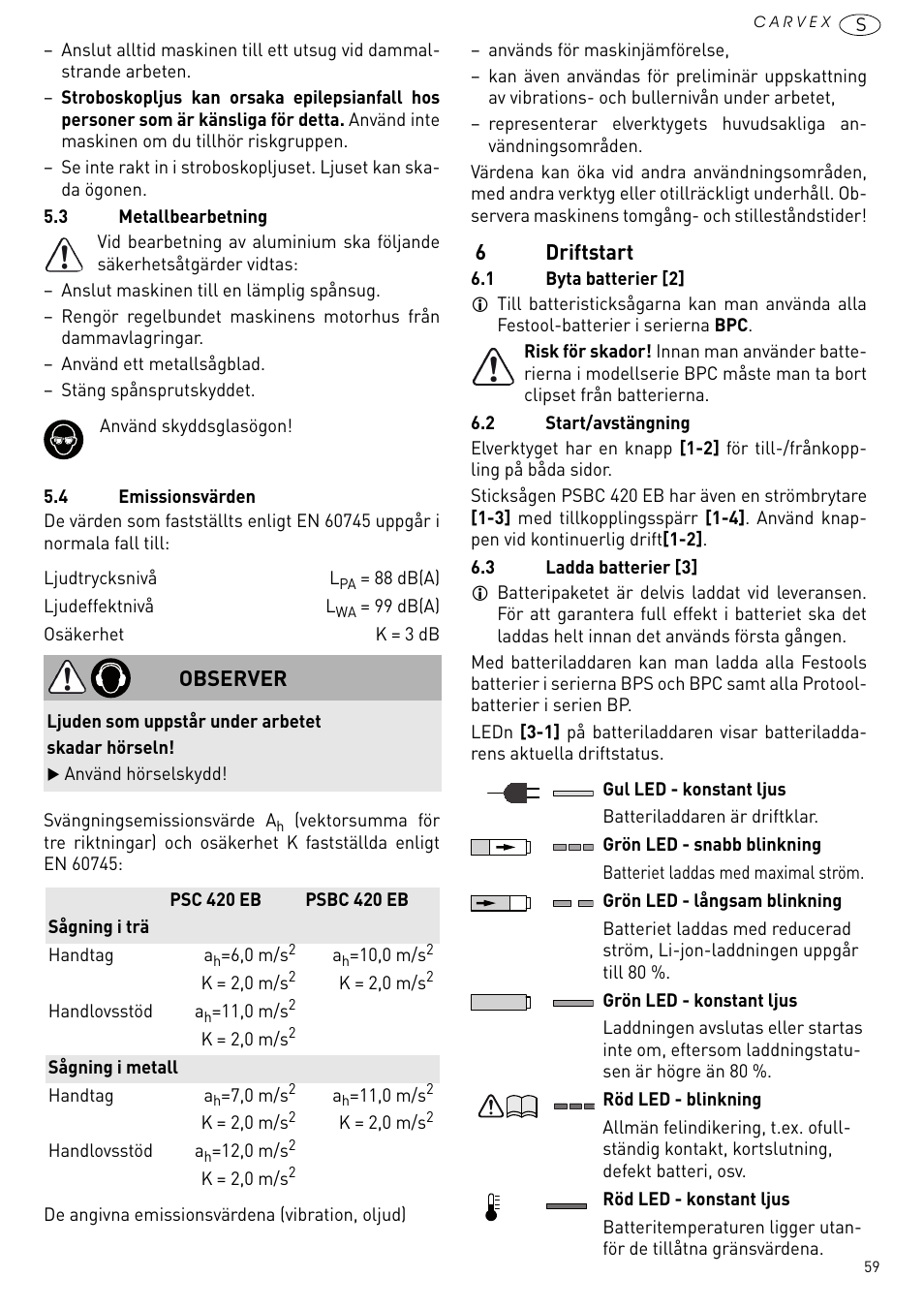 Driftstart, 6driftstart, Observer | Festool PSBC 420 EB User Manual | Page 59 / 132