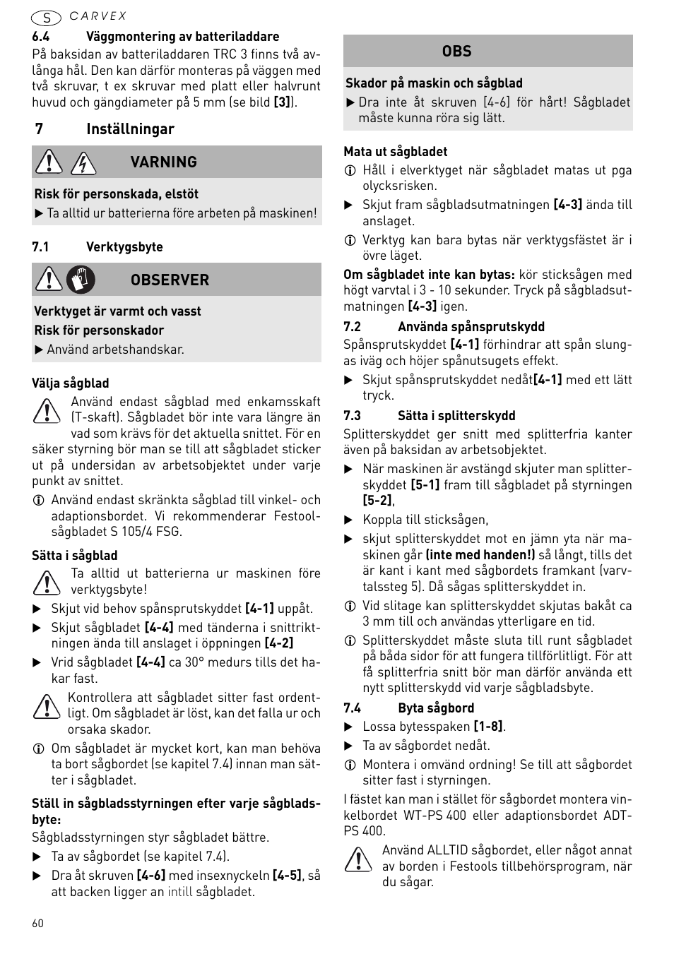 Inställningar, 7inställningar, Varning | Observer | Festool PSBC 420 EB User Manual | Page 60 / 132