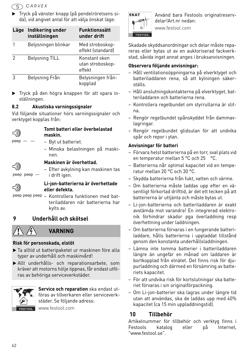 Underhåll och skötsel, 10 tillbehör, 9underhåll och skötsel | Varning | Festool PSBC 420 EB User Manual | Page 62 / 132