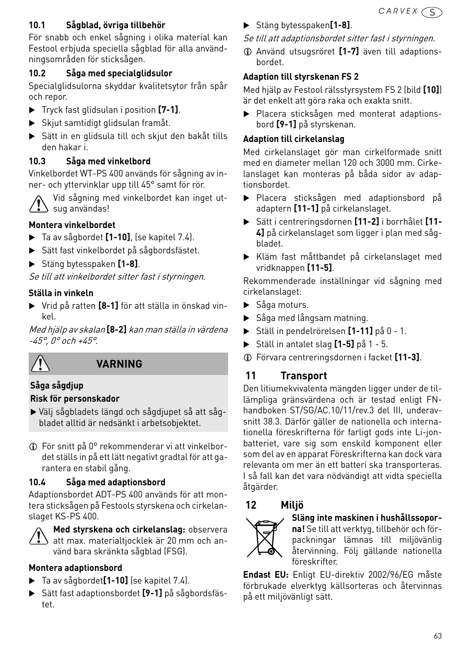 11 transport, 12 miljö, Varning | Festool PSBC 420 EB User Manual | Page 63 / 132