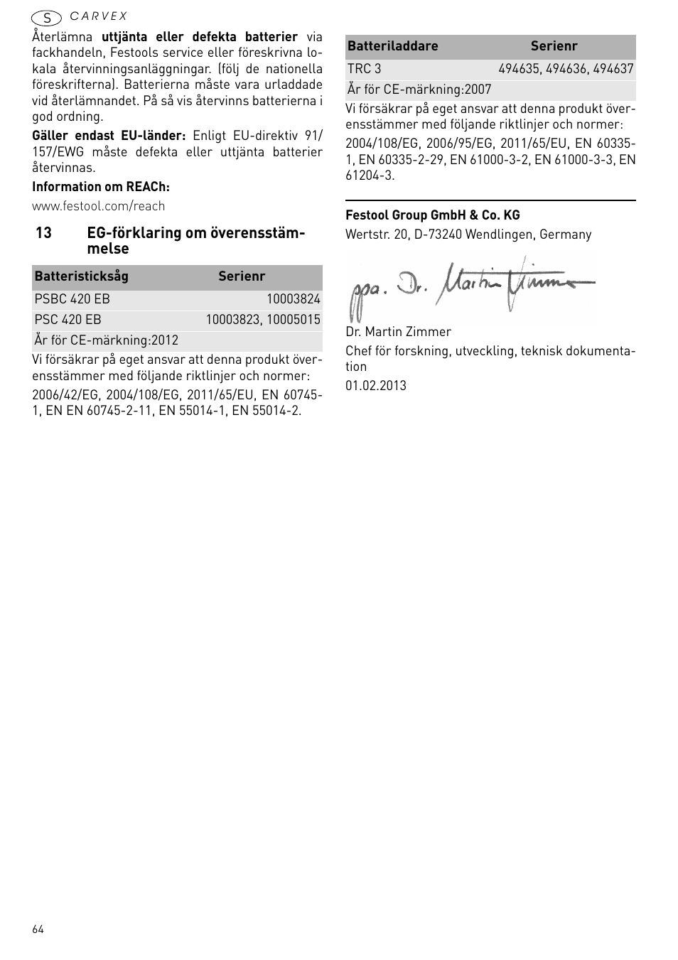 13 eg-förklaring om överensstämmelse | Festool PSBC 420 EB User Manual | Page 64 / 132