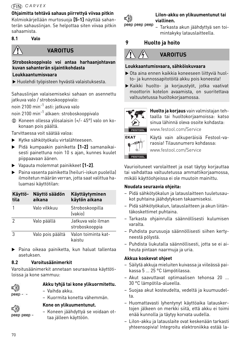 Huolto ja hoito, 9huolto ja hoito, Varoitus | Festool PSBC 420 EB User Manual | Page 70 / 132