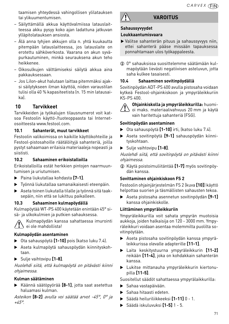 10 tarvikkeet, Varoitus | Festool PSBC 420 EB User Manual | Page 71 / 132