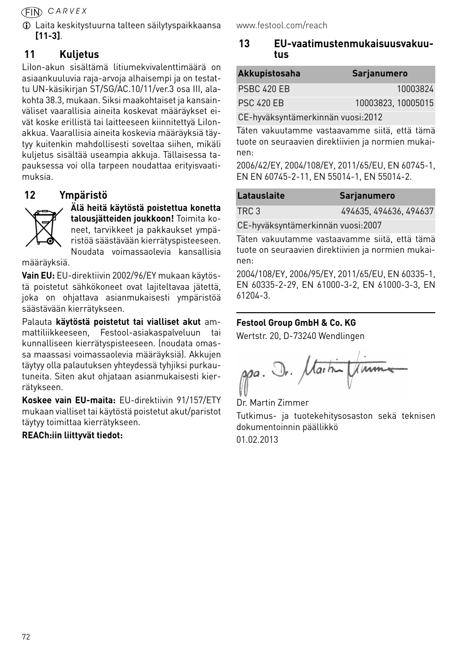 11 kuljetus, 12 ympäristö, 13 eu-vaatimustenmukaisuusvakuutus | Festool PSBC 420 EB User Manual | Page 72 / 132