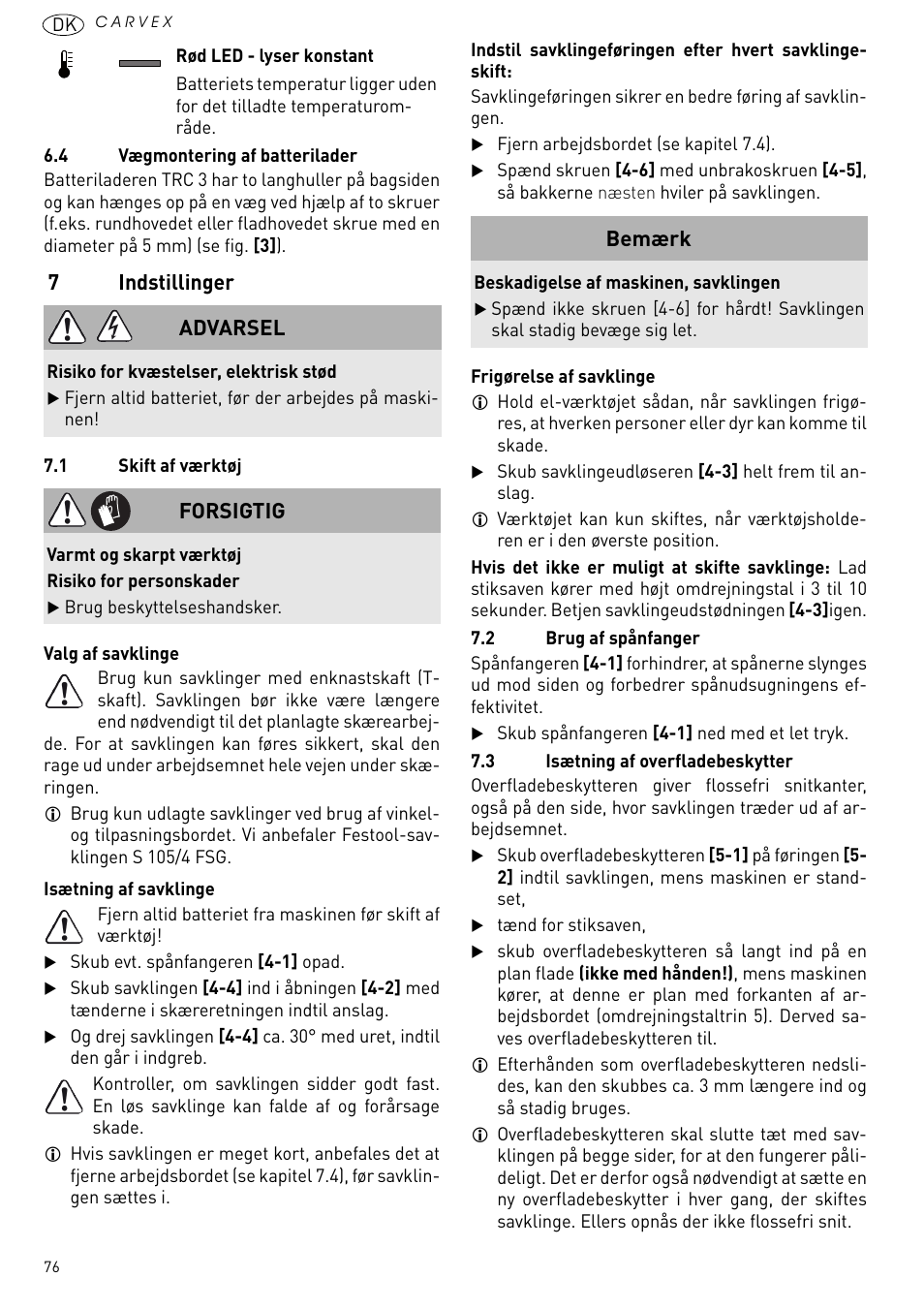 Indstillinger, 7indstillinger, Advarsel | Forsigtig, Bemærk | Festool PSBC 420 EB User Manual | Page 76 / 132