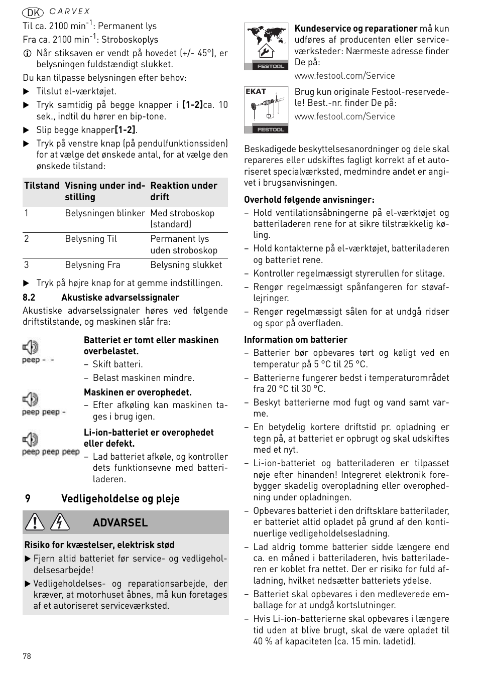 Vedligeholdelse og pleje, 9vedligeholdelse og pleje, Advarsel | Festool PSBC 420 EB User Manual | Page 78 / 132