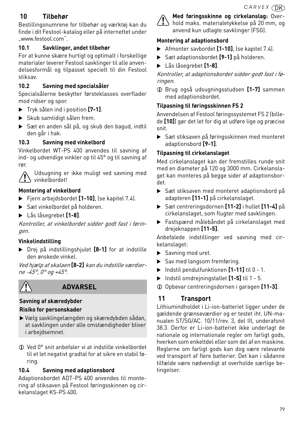 10 tilbehør, 11 transport, Advarsel | Festool PSBC 420 EB User Manual | Page 79 / 132