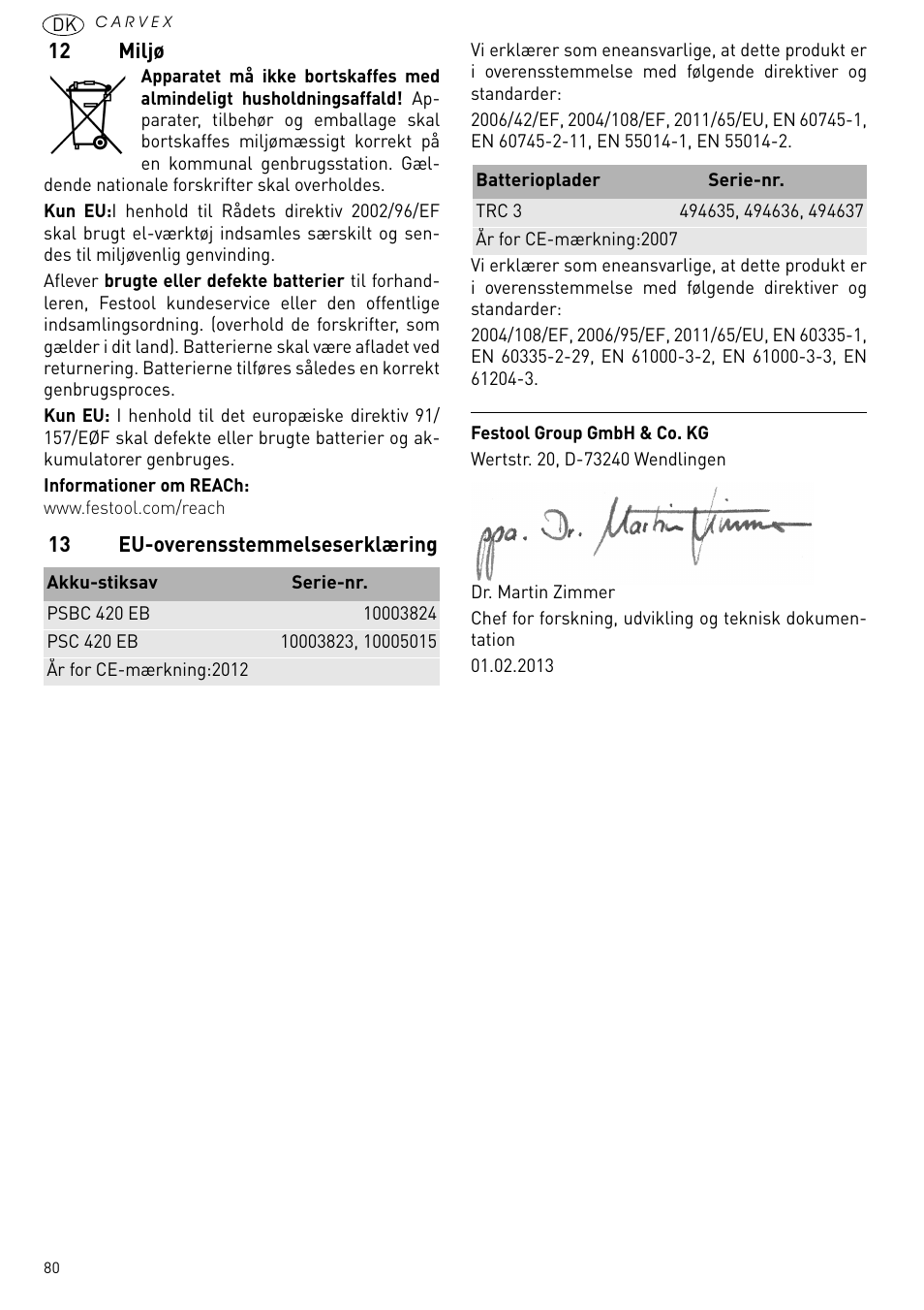 12 miljø, 13 eu-overensstemmelseserklæring | Festool PSBC 420 EB User Manual | Page 80 / 132