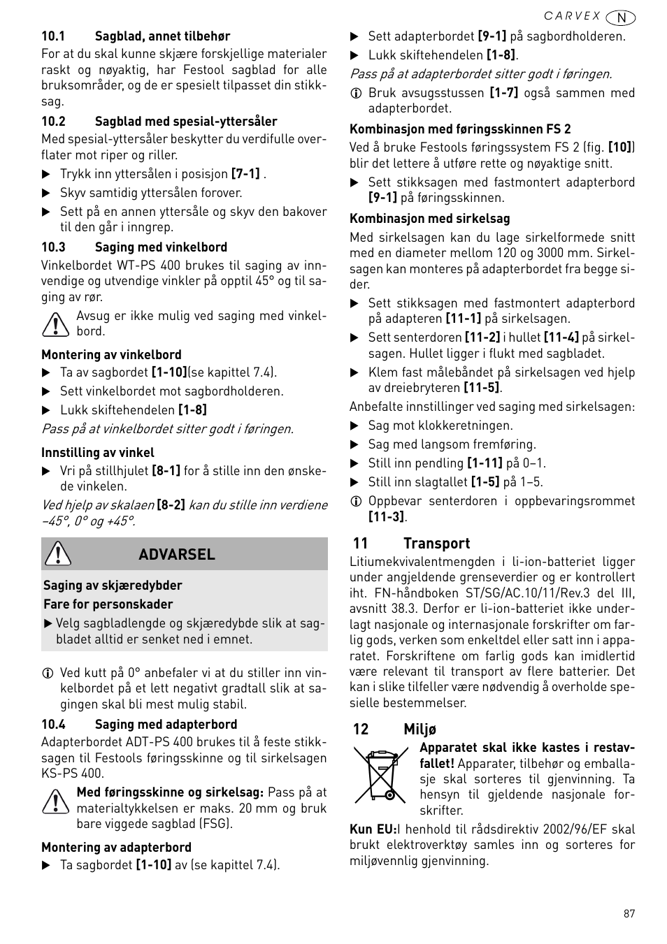 11 transport, 12 miljø, Advarsel | Festool PSBC 420 EB User Manual | Page 87 / 132