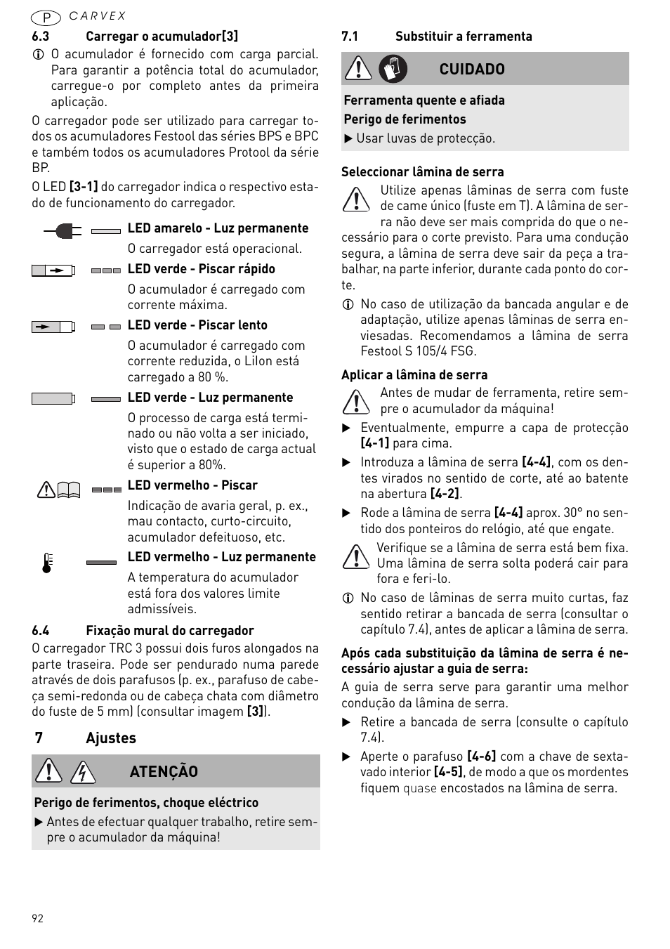 Ajustes | Festool PSBC 420 EB User Manual | Page 92 / 132