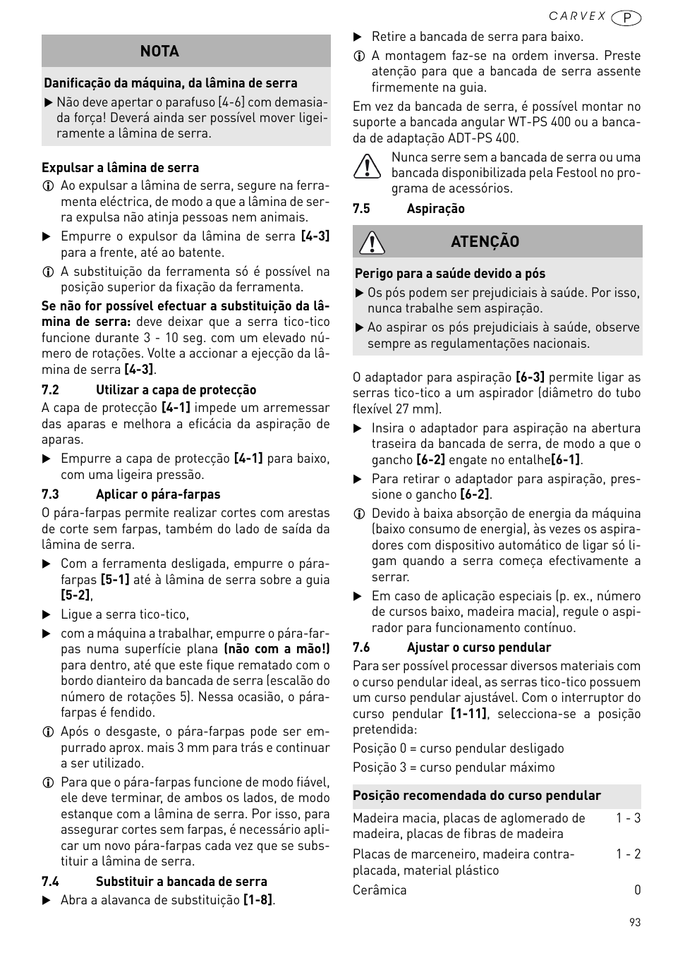 Nota, Atenção | Festool PSBC 420 EB User Manual | Page 93 / 132