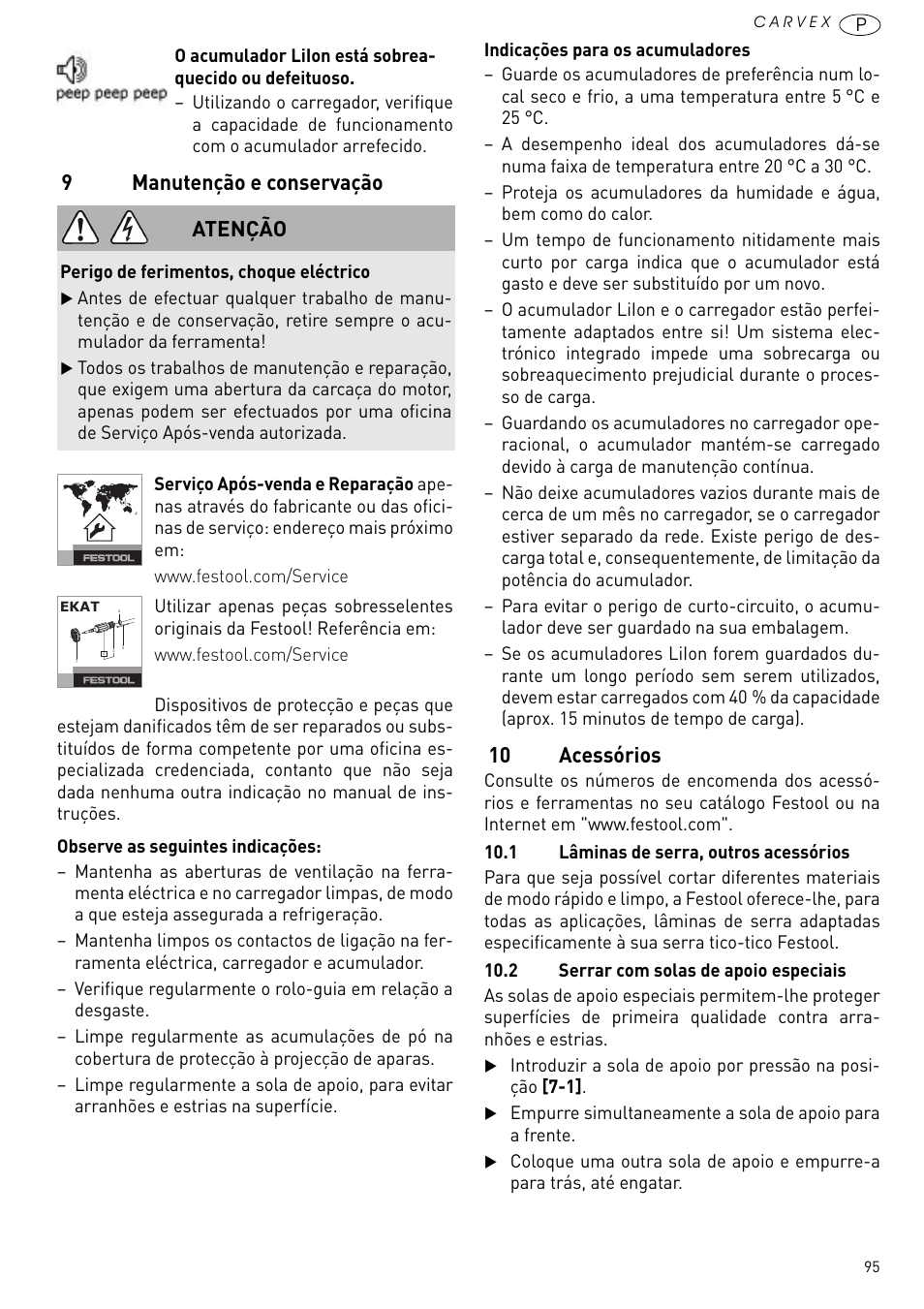 Manutenção e conservação, 10 acessórios, 9manutenção e conservação | Atenção | Festool PSBC 420 EB User Manual | Page 95 / 132