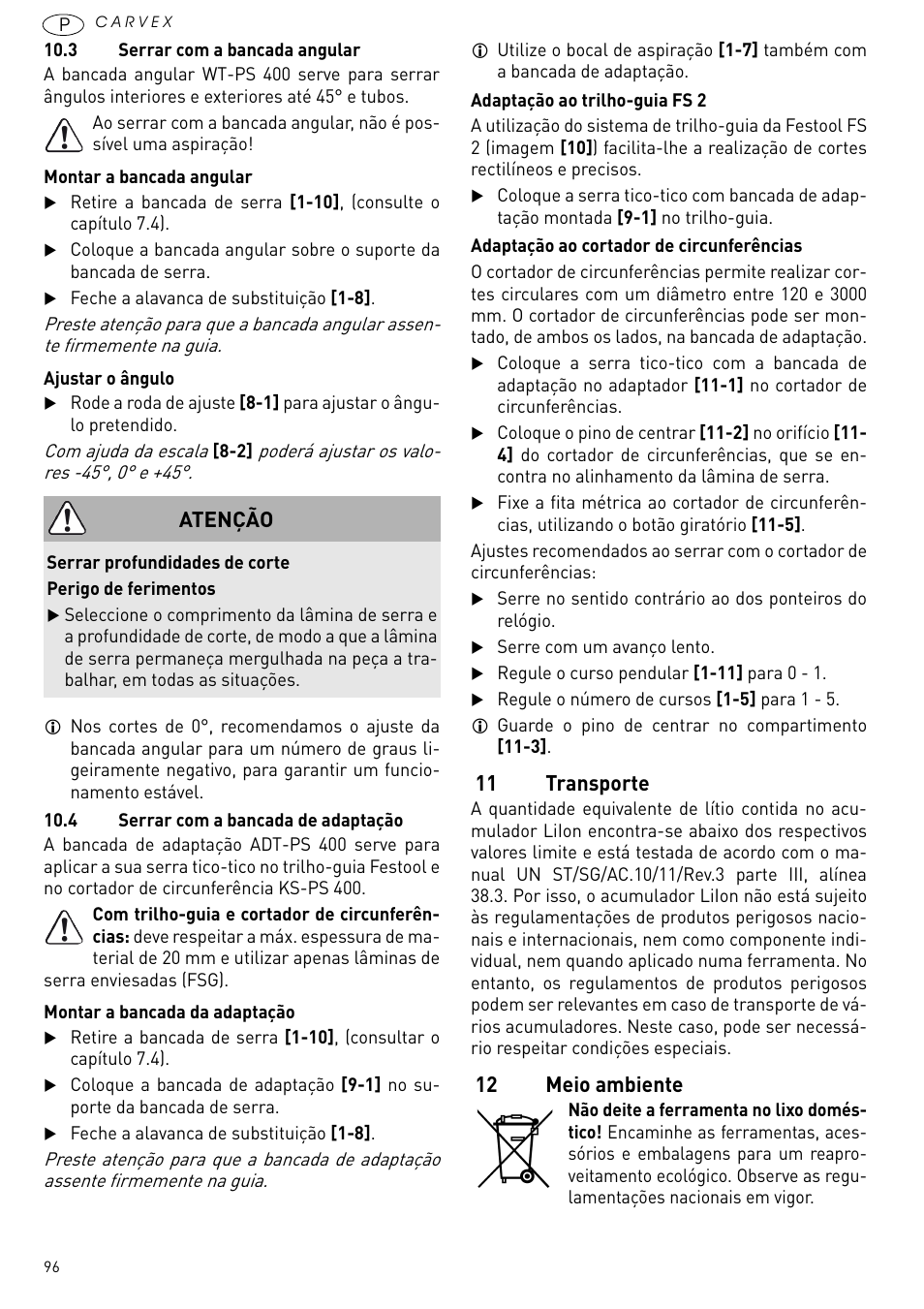 11 transporte, 12 meio ambiente, Atenção | Festool PSBC 420 EB User Manual | Page 96 / 132