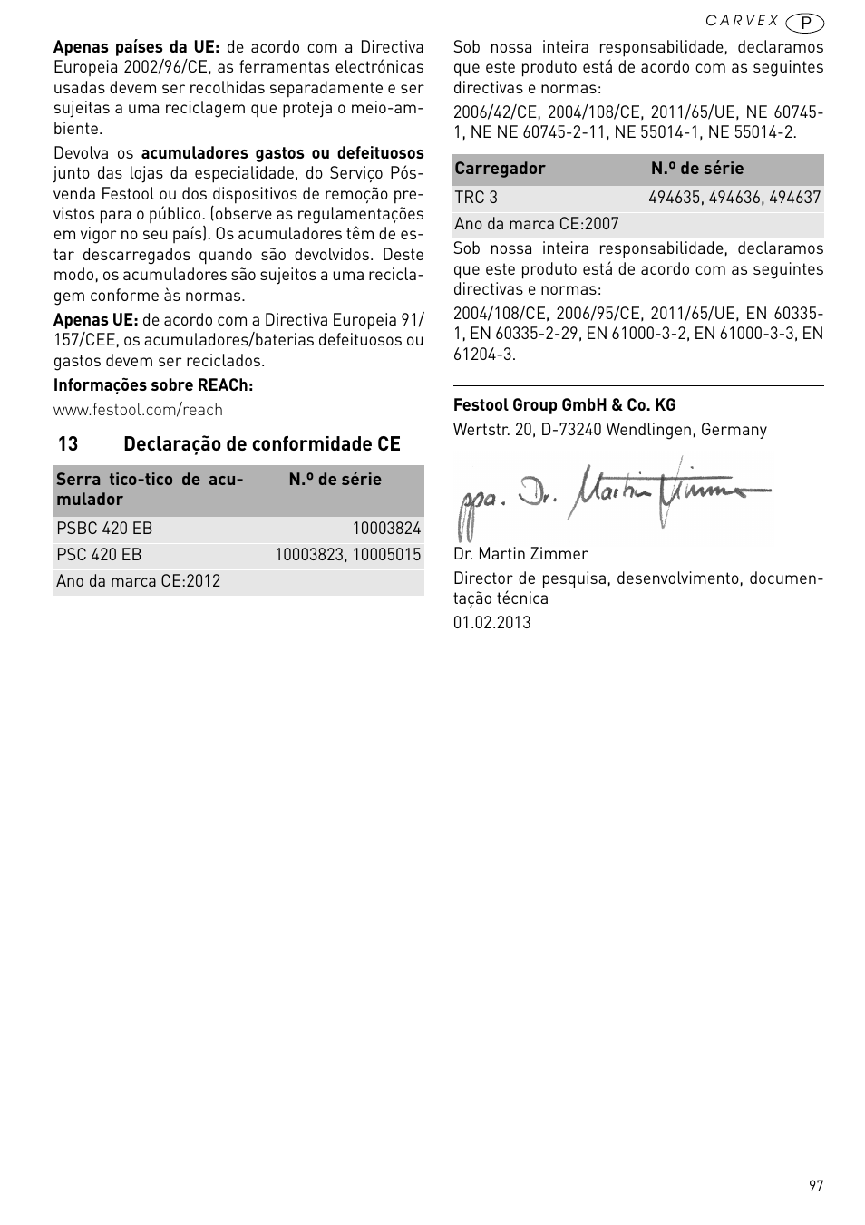 13 declaração de conformidade ce | Festool PSBC 420 EB User Manual | Page 97 / 132