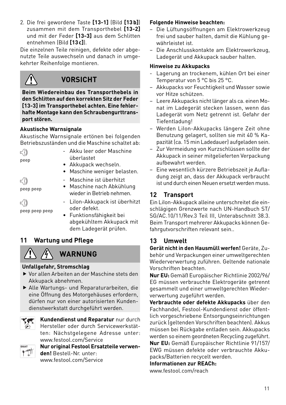 Vorsicht, Warnung, 11 wartung und pﬂ ege | 12 transport, 13 umwelt | Festool DWC 18 User Manual | Page 11 / 99