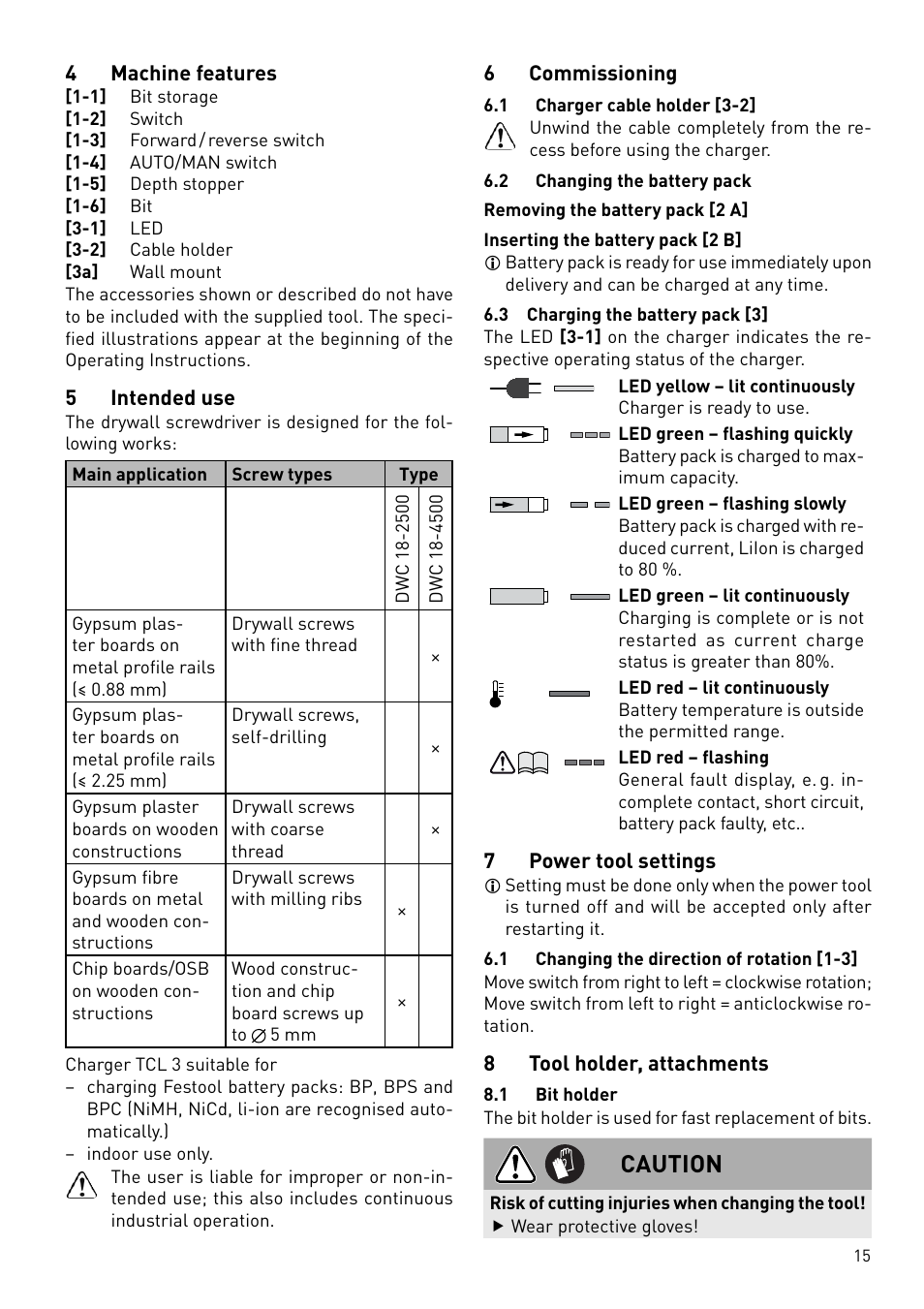 Caution | Festool DWC 18 User Manual | Page 15 / 99