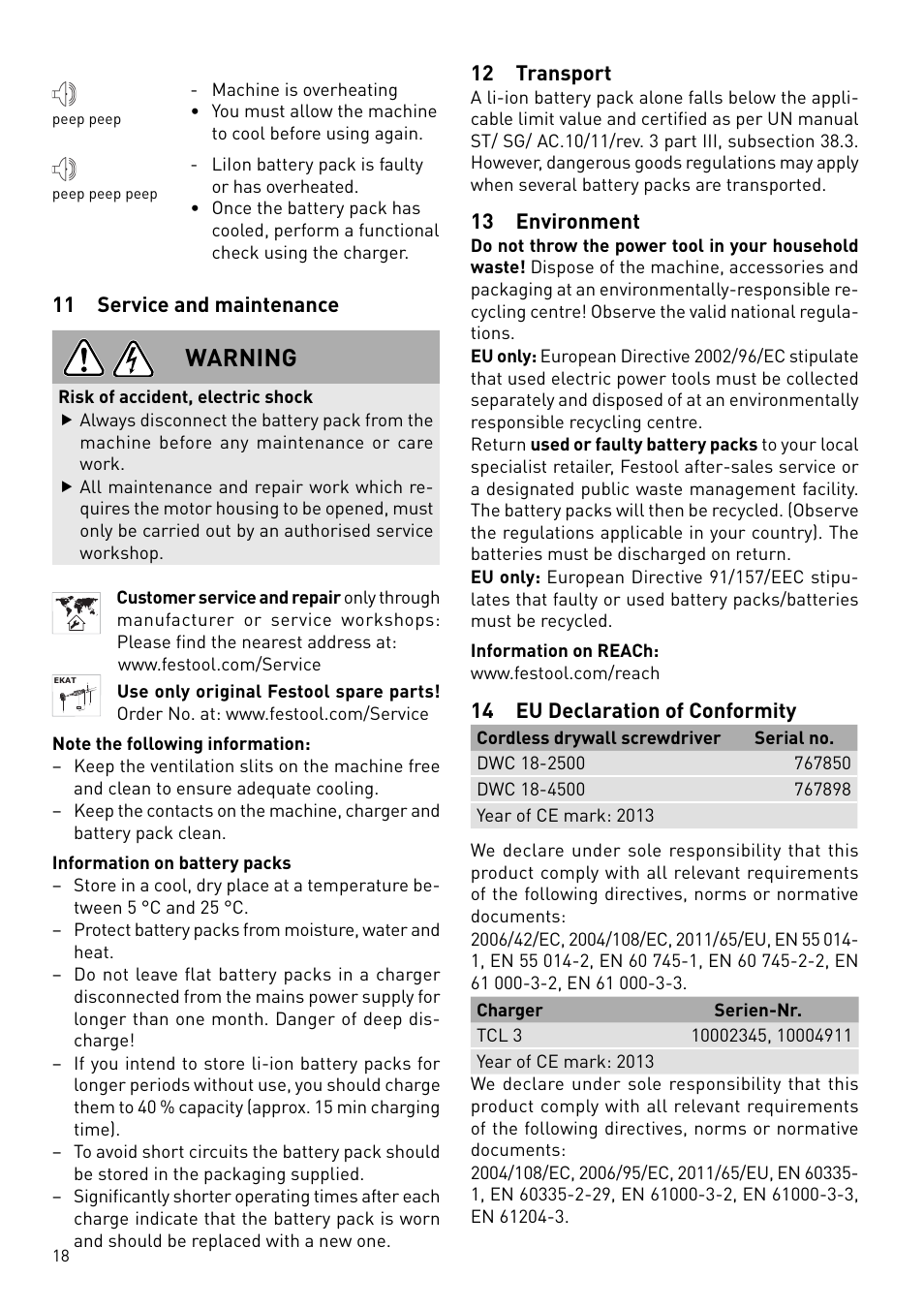 Warning, 11 service and mainte nance, 12 transport | 13 environment, 14 eu declaration of conformity | Festool DWC 18 User Manual | Page 18 / 99