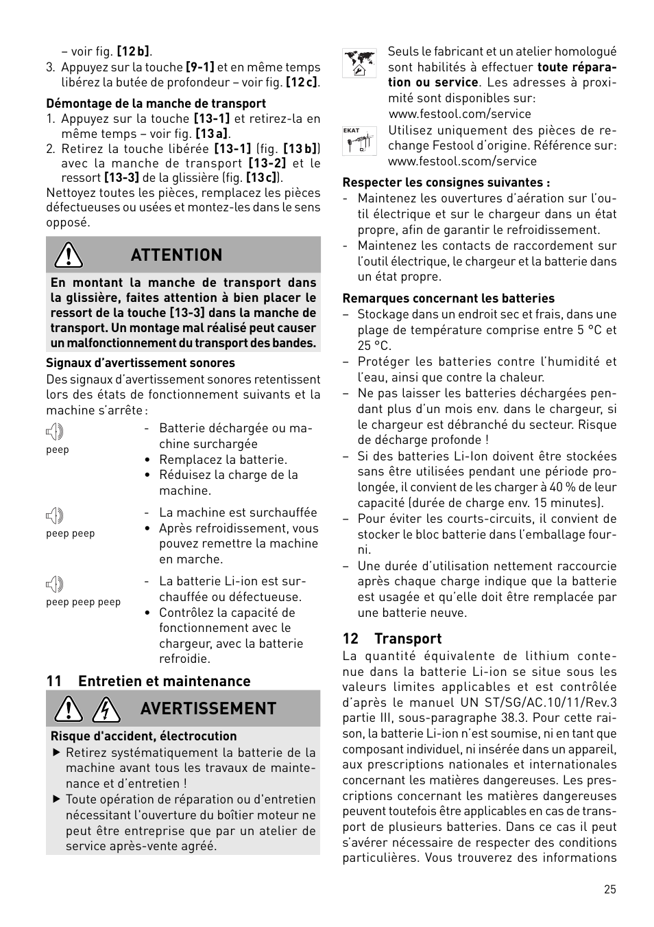 Attention, Avertissement, 11 entretien et maintenance | 12 transport | Festool DWC 18 User Manual | Page 25 / 99