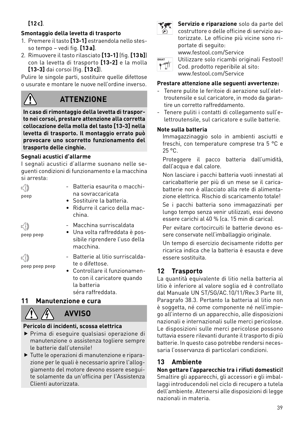 Attenzione, Avviso, 11 manutenzione e cura | 12 trasporto, 13 ambiente | Festool DWC 18 User Manual | Page 39 / 99
