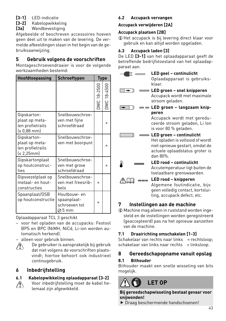 Let op | Festool DWC 18 User Manual | Page 43 / 99
