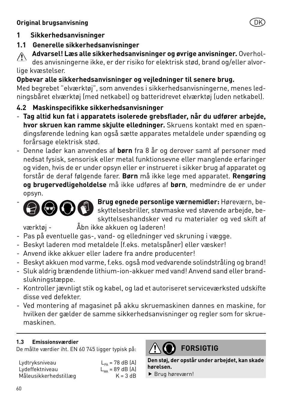 Forsigtig | Festool DWC 18 User Manual | Page 60 / 99