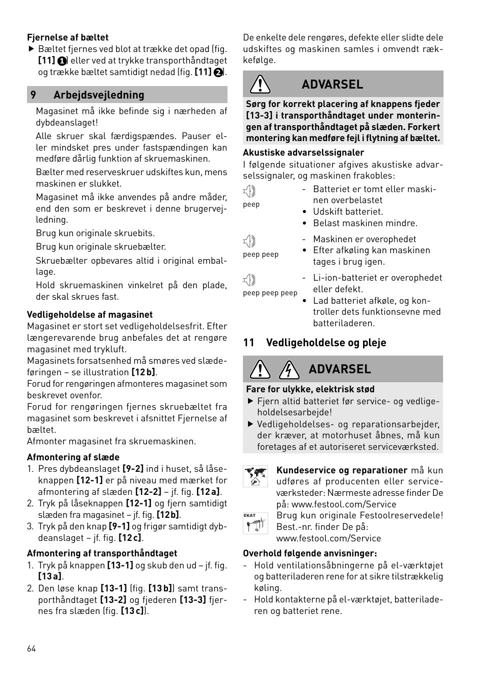 Advarsel, 9 arbejdsvejledning, 11 vedligeholdelse og pleje | Festool DWC 18 User Manual | Page 64 / 99