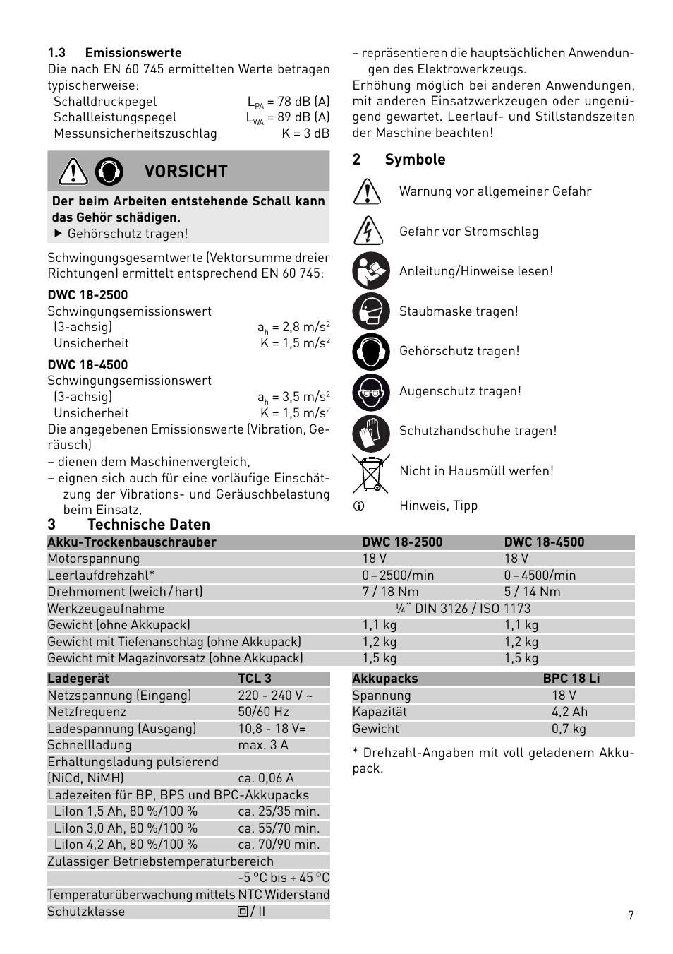 Vorsicht, 2 symbole, 3technische daten | Festool DWC 18 User Manual | Page 7 / 99