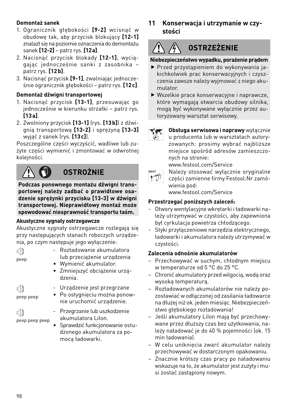 Ostrożnie, Ostrzeżenie, 11 konserwacja i utrzymanie w czy- stości | Festool DWC 18 User Manual | Page 98 / 99