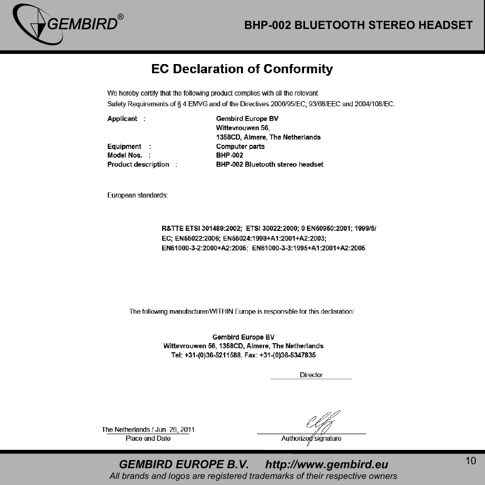 Gembird BHP-002 User Manual | Page 10 / 14