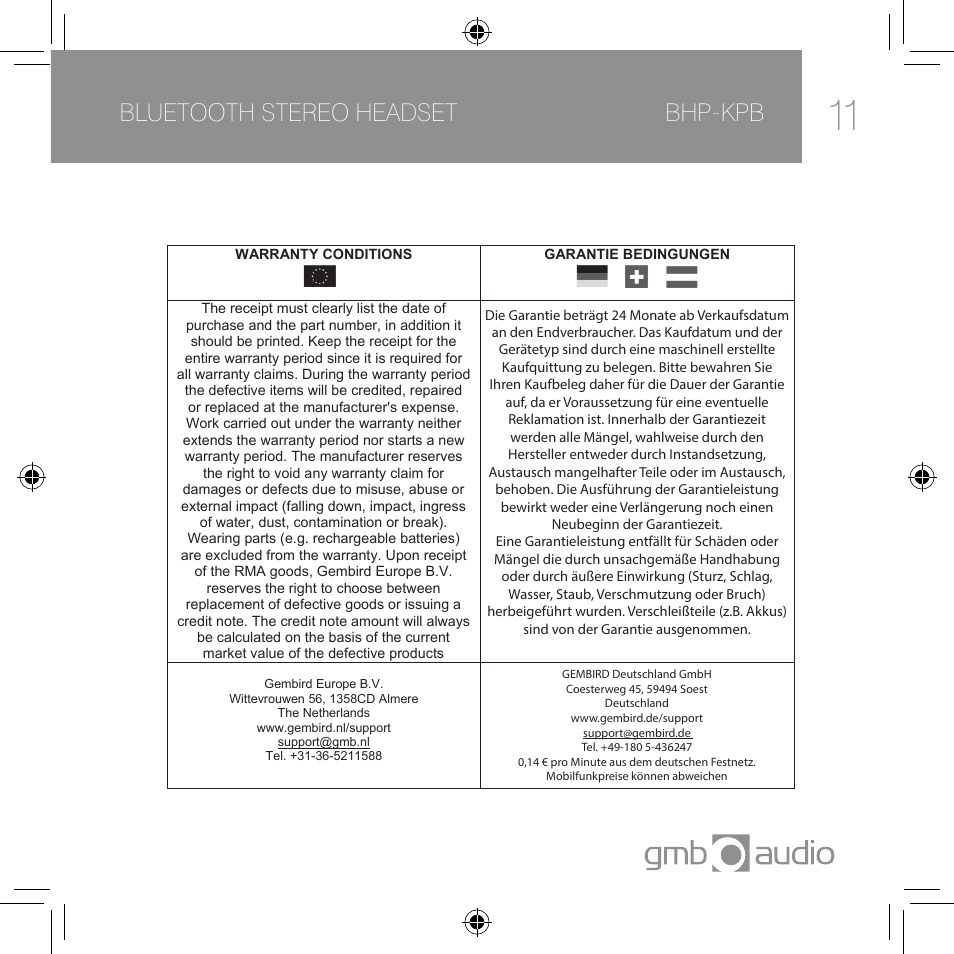 Bluetooth stereo headset bhp-kpb | Gembird BHP-KBP-B User Manual | Page 11 / 14