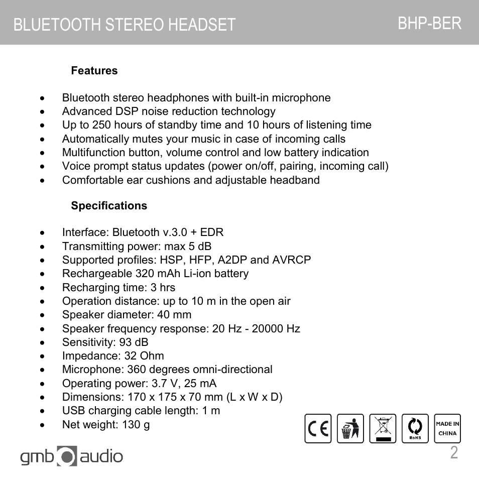 Bluetooth stereo headset bhp-ber | Gembird BHP-BER-BK User Manual | Page 2 / 12