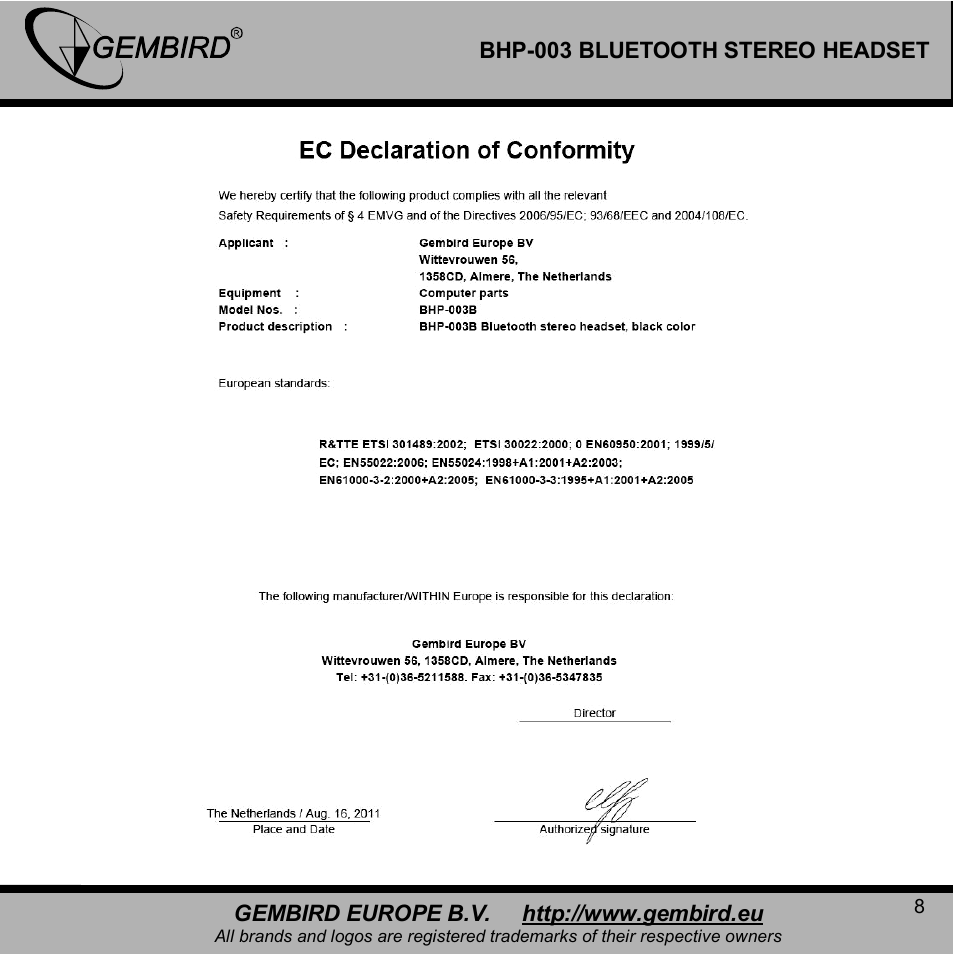 Gembird BHP-003B User Manual | Page 8 / 12