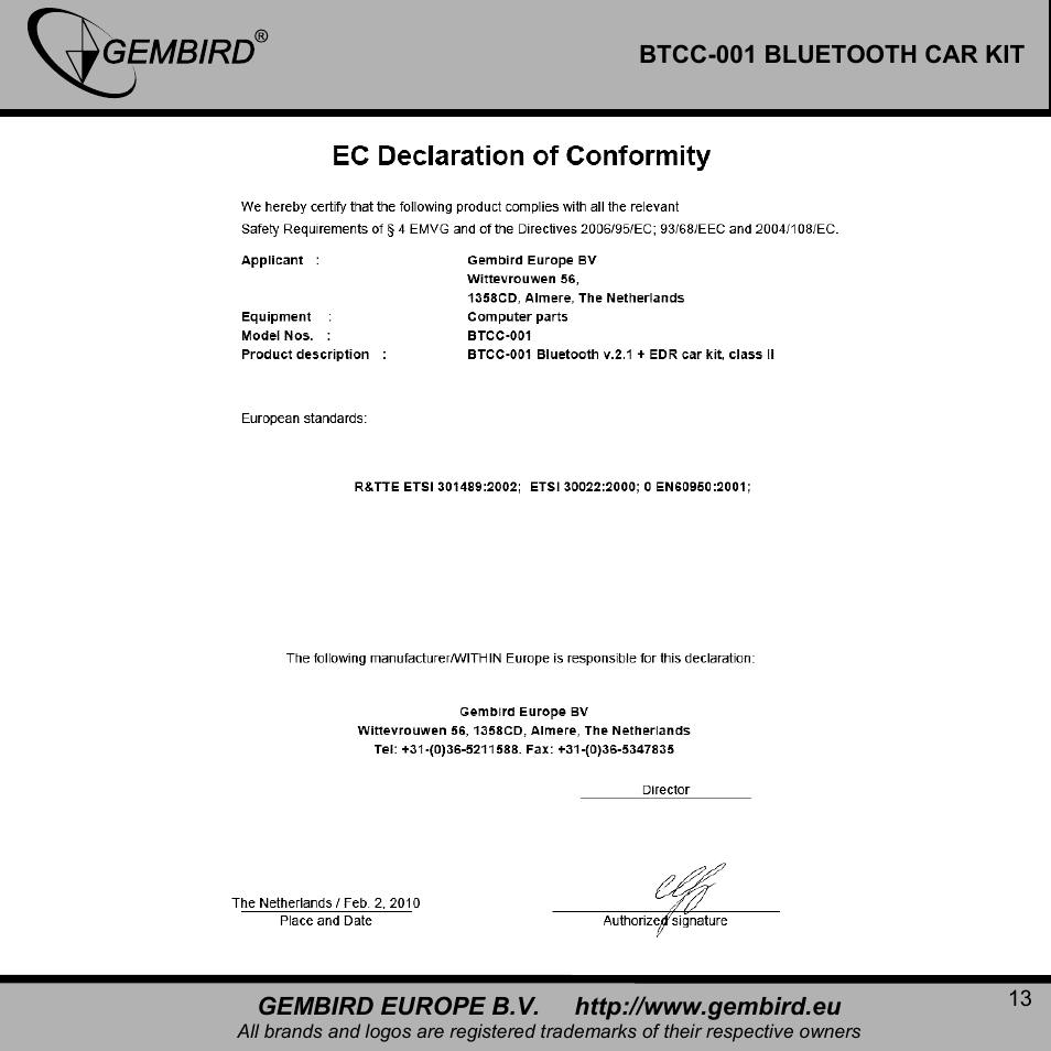 Gembird BTCC-001 User Manual | Page 13 / 17