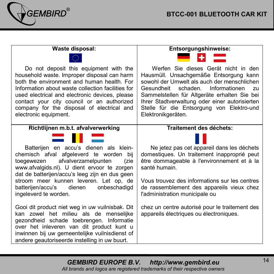 Gembird BTCC-001 User Manual | Page 14 / 17