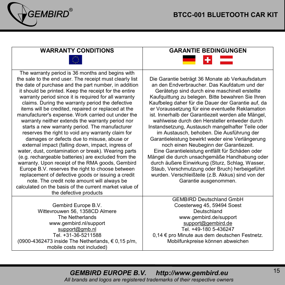 Btcc-001 bluetooth car kit | Gembird BTCC-001 User Manual | Page 15 / 17