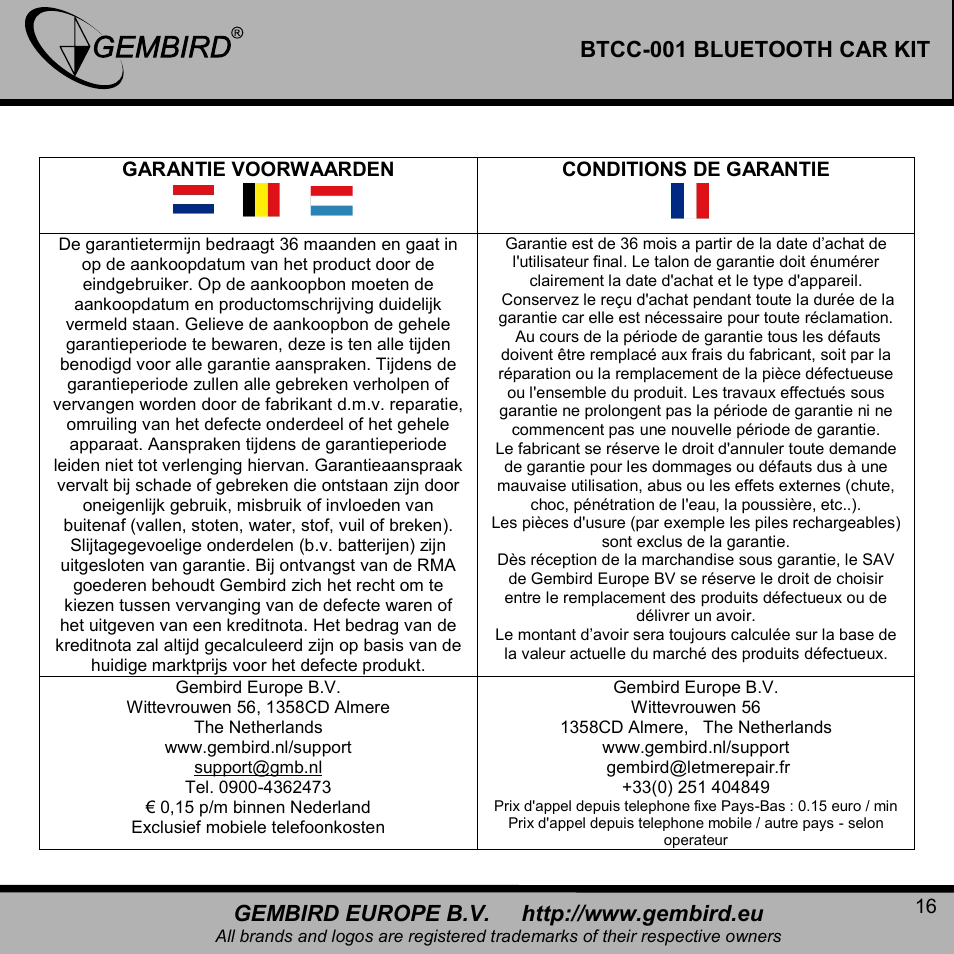 Btcc-001 bluetooth car kit | Gembird BTCC-001 User Manual | Page 16 / 17