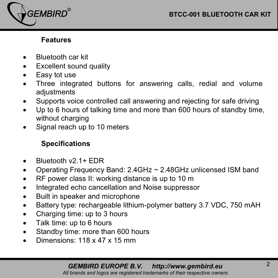 Gembird BTCC-001 User Manual | Page 2 / 17